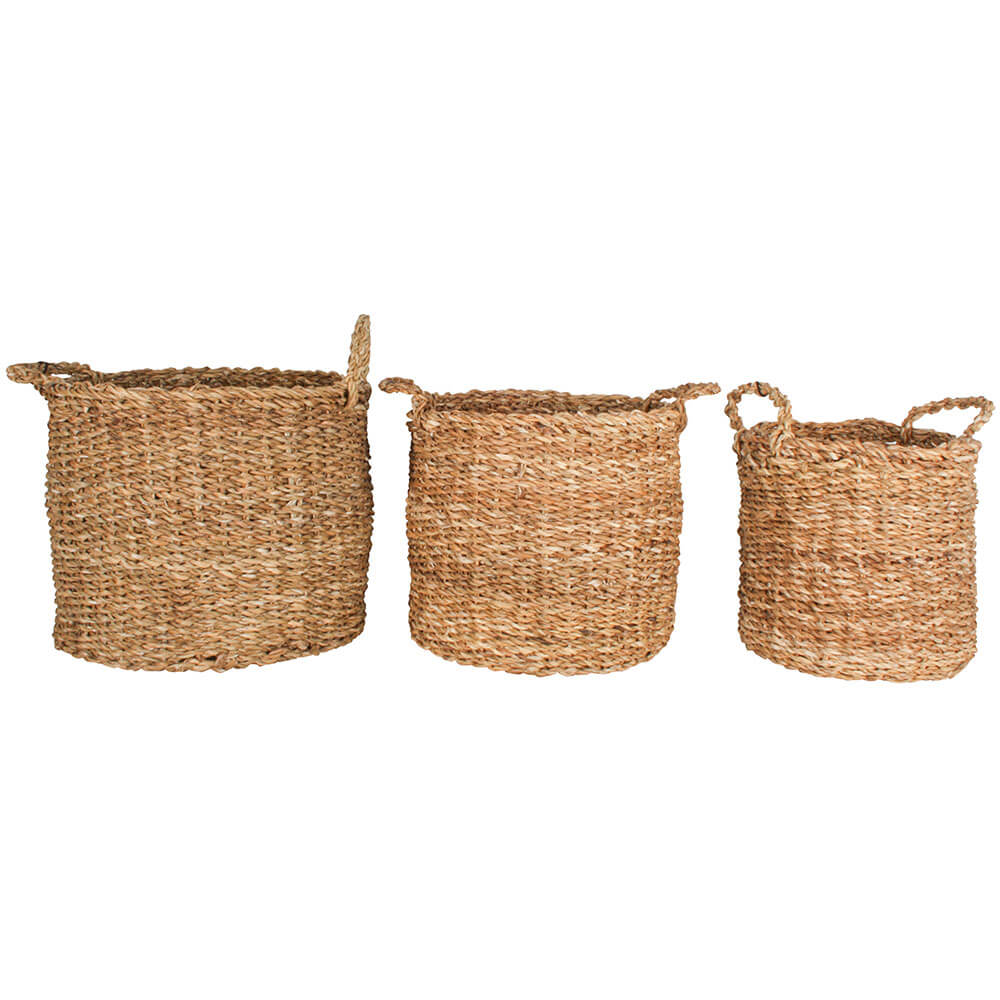 Yamba Round Seagrass Basket with Handle 3 Sets (Lge 36x30cm)