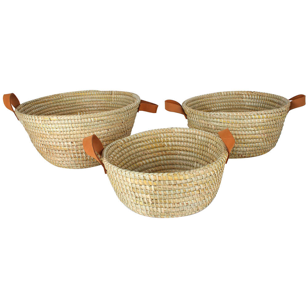 Noosa Palm Leaf Basket Leather Handle Set of 3 (37x19cm)