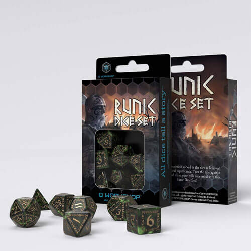 Q Workshop Runic Bottle Green and Gold Dice Set of 7