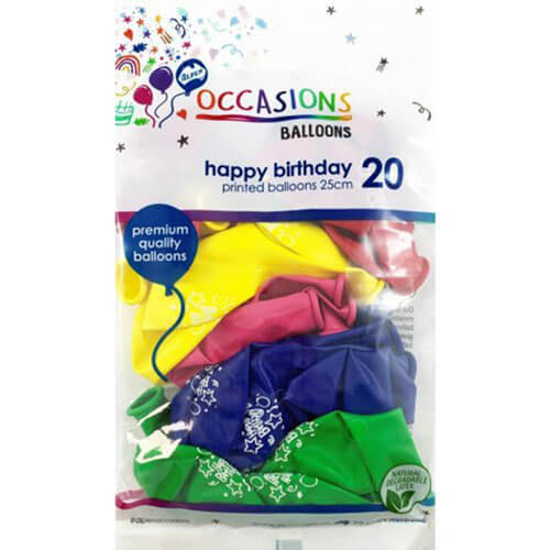 Alpen Happy Birthday Balloons 20pk 25cm (Assorted Colours)